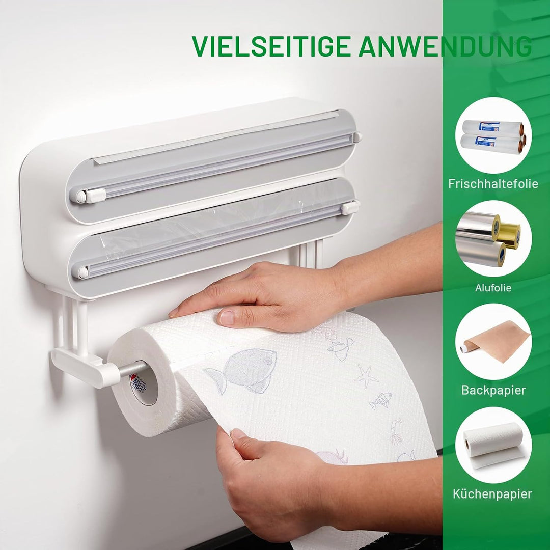 3 in 1 Frischhaltefolienspender mit Küchenrollenhalter, Folienspender mit Cutter, Küchenrollenhalter