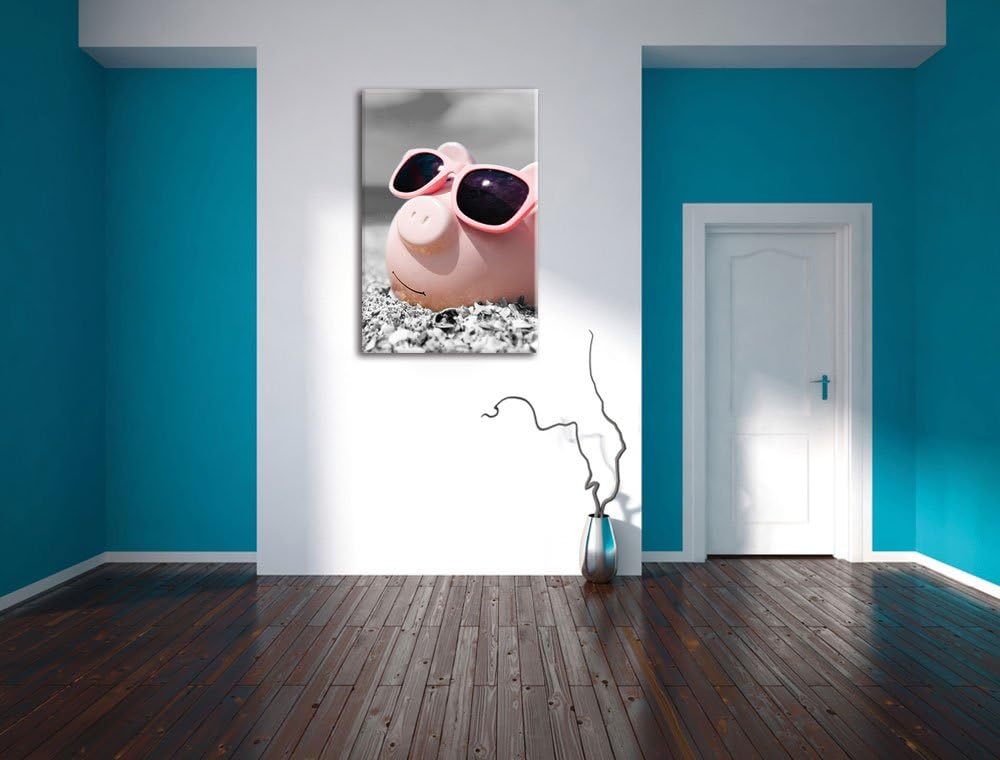 Pixxprint Cooles Sparschwein mit Sonnenbrille am Strand schwarz/weiss, Format: 70x100 auf hochkantig
