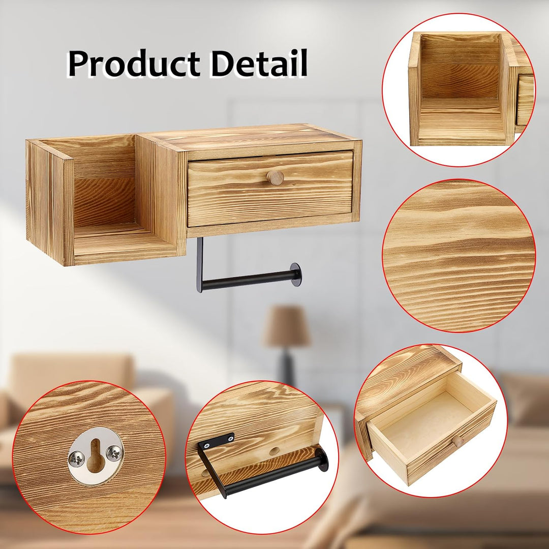 BTSKY Wandmontierter Toilettenpapierhalter aus Holz mit Regal und Schublade, Badezimmer-Toilettenpap