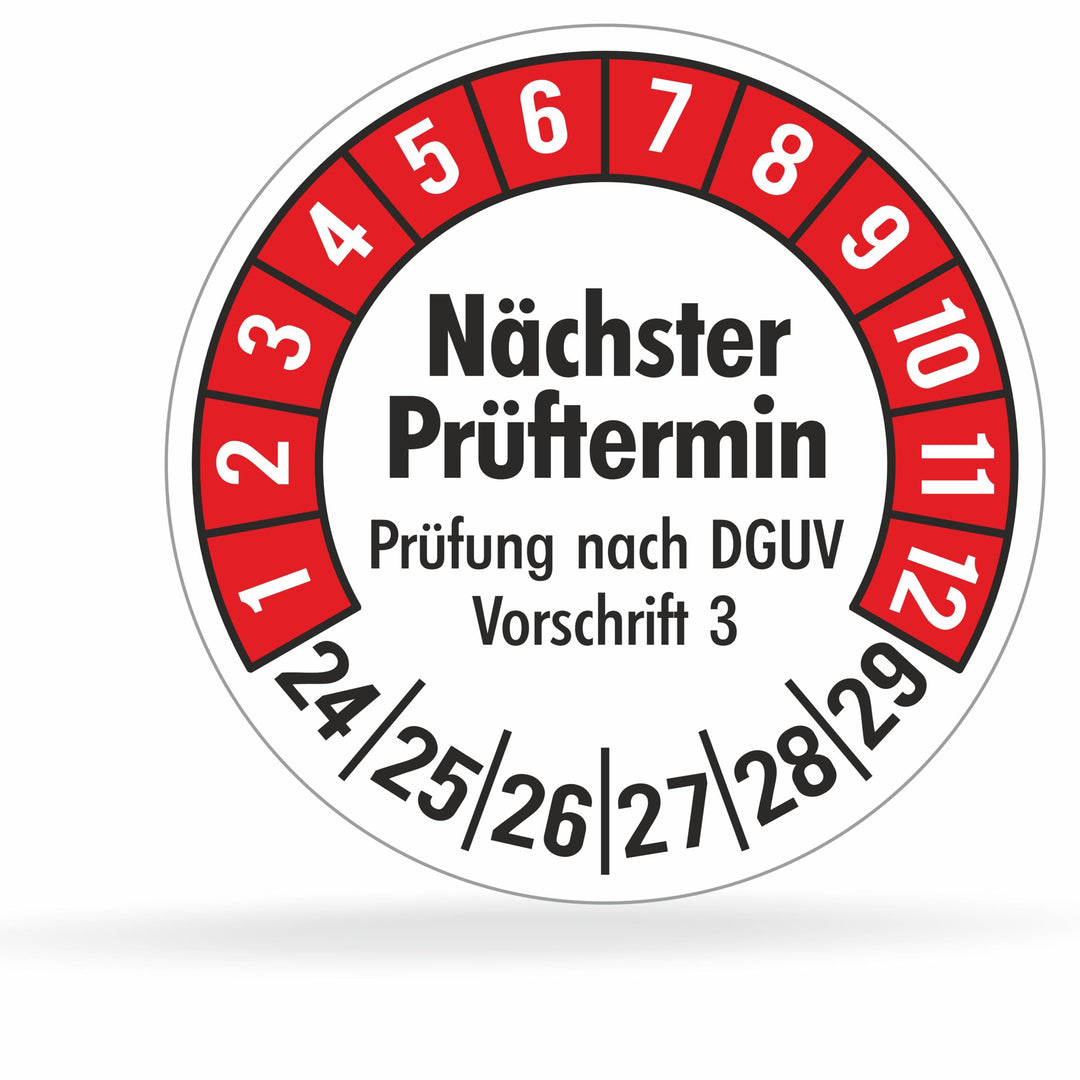 560 Prüfplaketten 20mmØ DGUV V3 "Nächster Prüftermin" 2024-2029, selbstklebend, Prüfaufkleber, E-Che