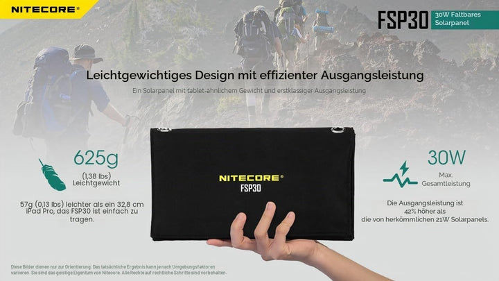 NITECORE FSP30 Tragbares Solar-Ladegerät, 30 W, USB-A und USB-C, 3 Ausgangsanschlüsse, hohe Effizien