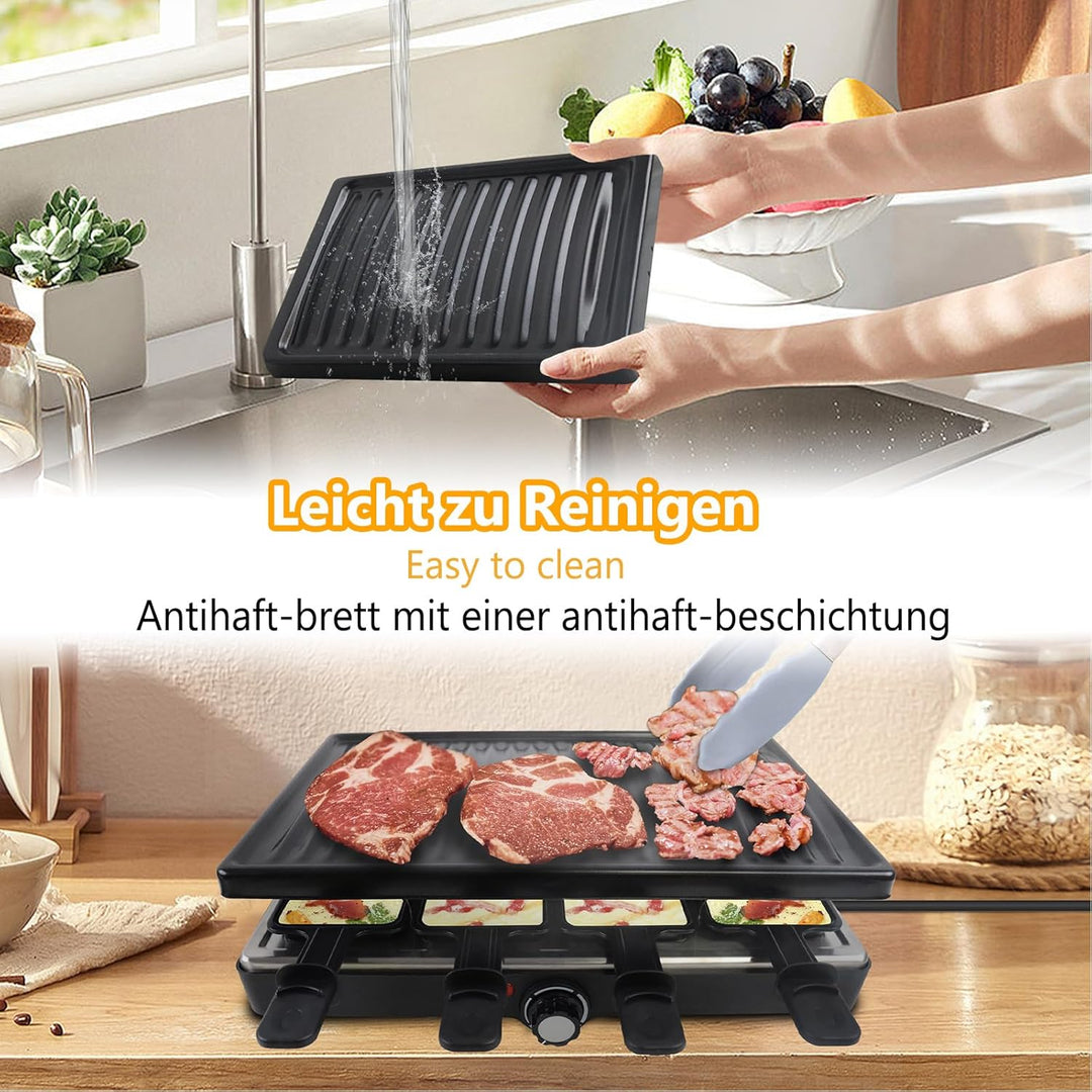 YARDIN Raclette Grill Grillplatte Tischgrill für 8 Personen, Steinplatte und Grillplatte Antihaftbes