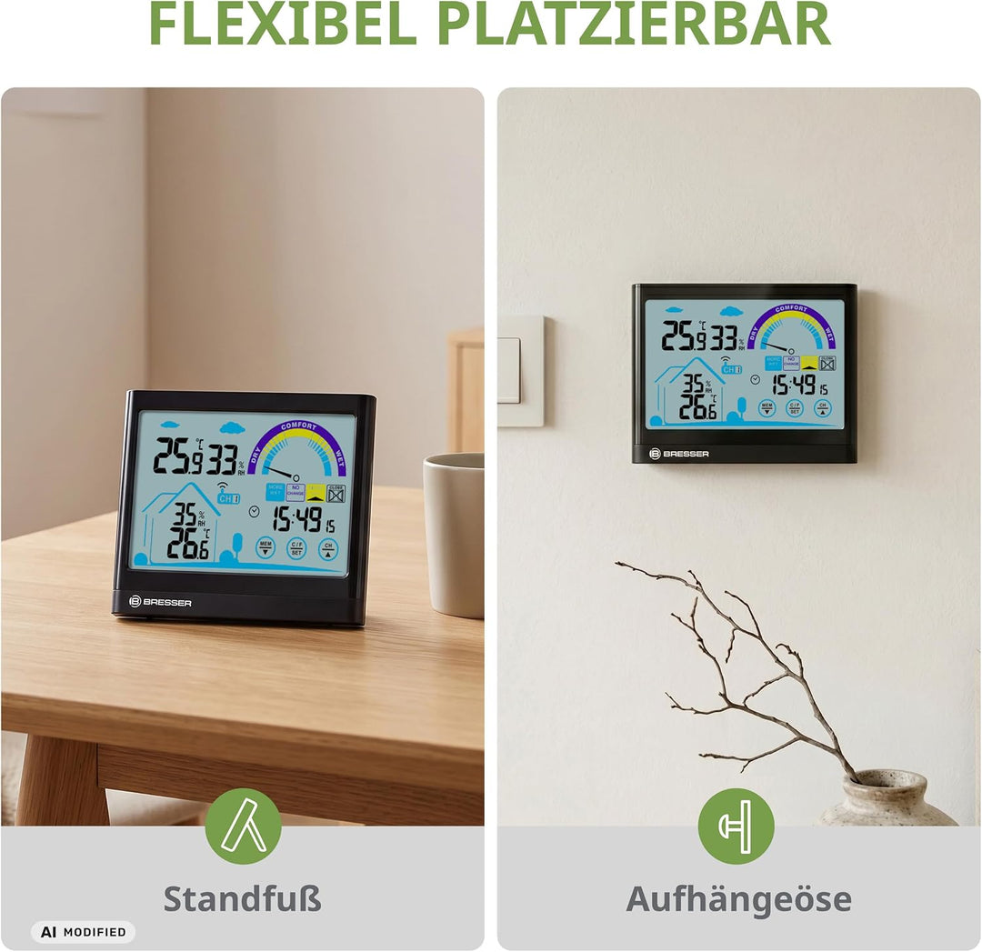 Bresser 7007402 Touchscreen Wetterstation Funk- Thermo-/Hygrometer mit Lüftungsempfehlung, Schwarz S