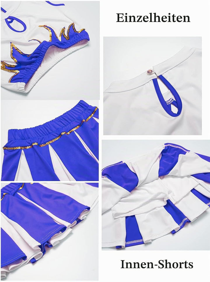 LOLANTA Mädchen Cheerleader Kostüm Schulkind Cheer Kostüm Outfit Karneval Kostüm(blau,146-152,Etiket