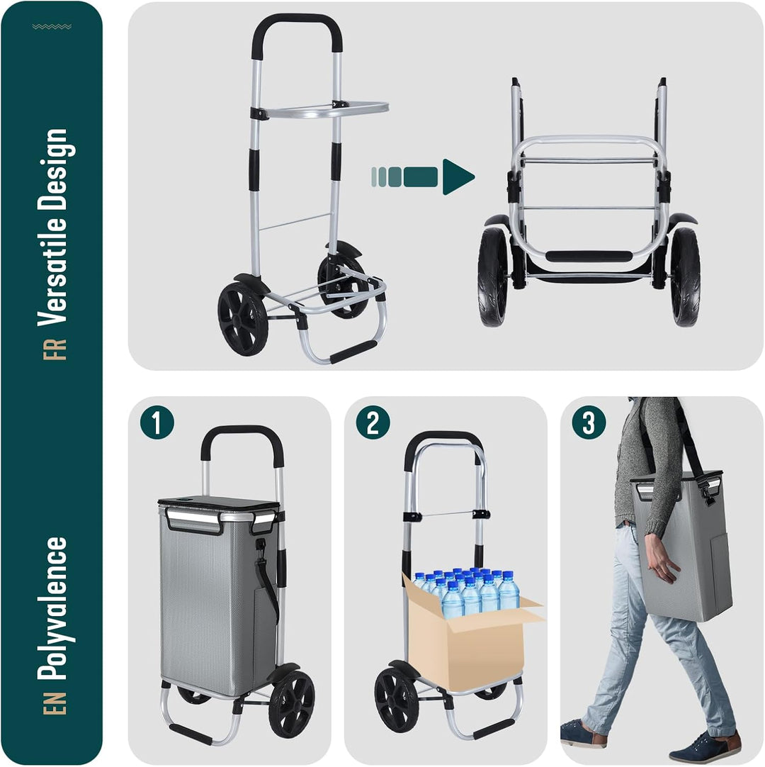 VOUNOT Einkaufstrolley Klappbar aus Aluminium mit 50L Wasserdichter Tasche und Kühlfach, 2 Extra gro