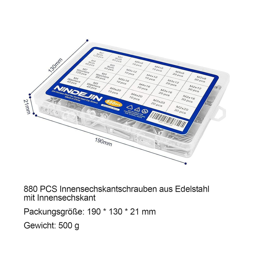 880Pcs M2 M3 M4 Edelstahl-Sechskopf-Knopf Schrauben Schrauben Muttern und Unterlegscheiben Sortiment