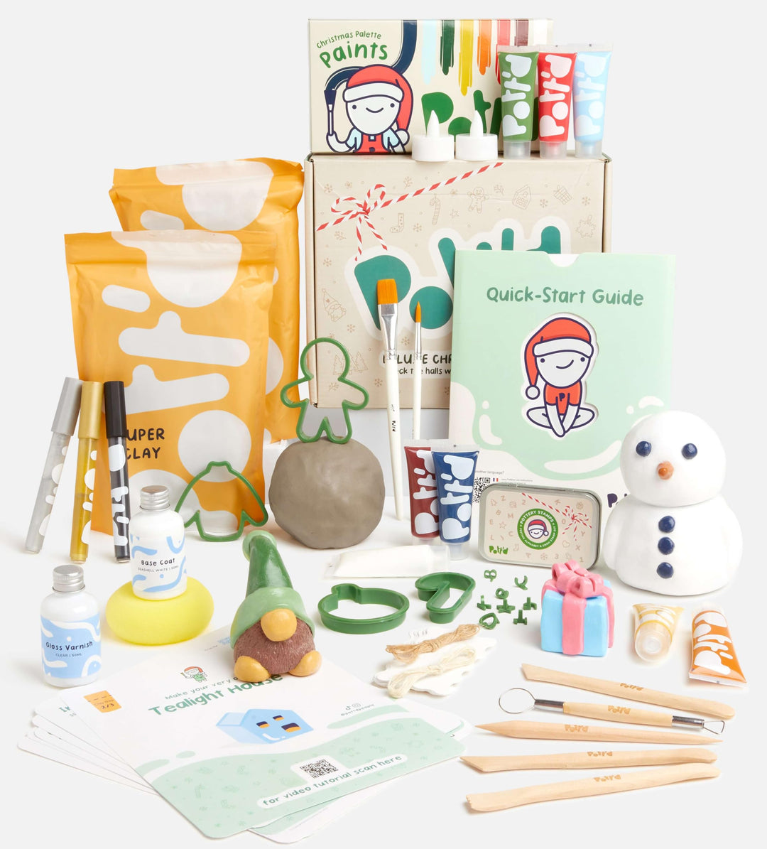 Pott'd Weihnachts-Deluxe-Töpferset - lufttrocknender Ton für Erwachsene, Werkzeuge, Farben, Pinsel,