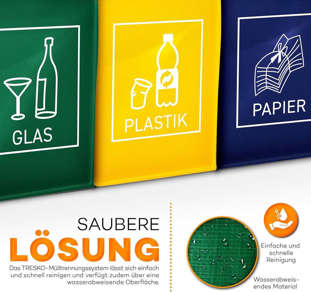 DWD-Company 3er Set Mülltrennsystem Abfalltrenner für Papier, Plastik und Glas mit praktischem Trans