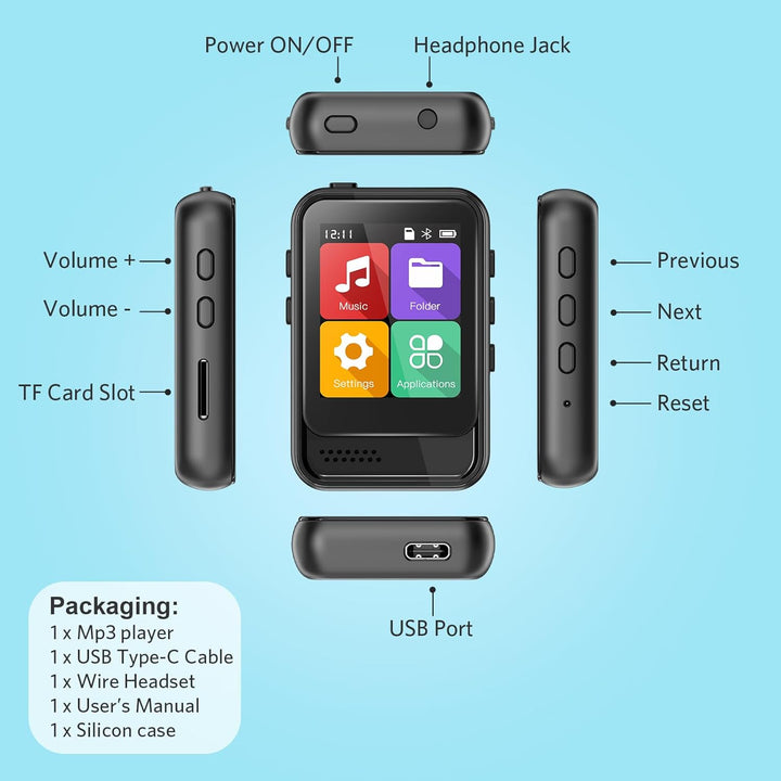 QNGEE Bluetooth-MP3-Player, tragbarer Musik-Player mit 16 GB internem Speicher, unterstützt FM-Radio
