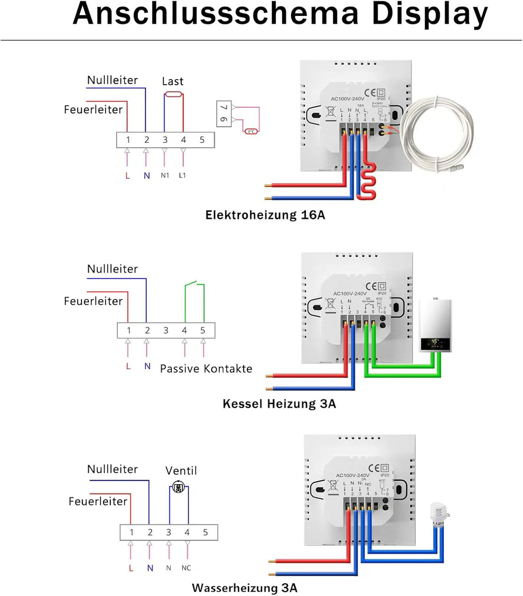 Smart Thermostat für Wasser Fussbodenheizung,WiFi Programmierbar Wandthermostate LCD Digital Touchsc