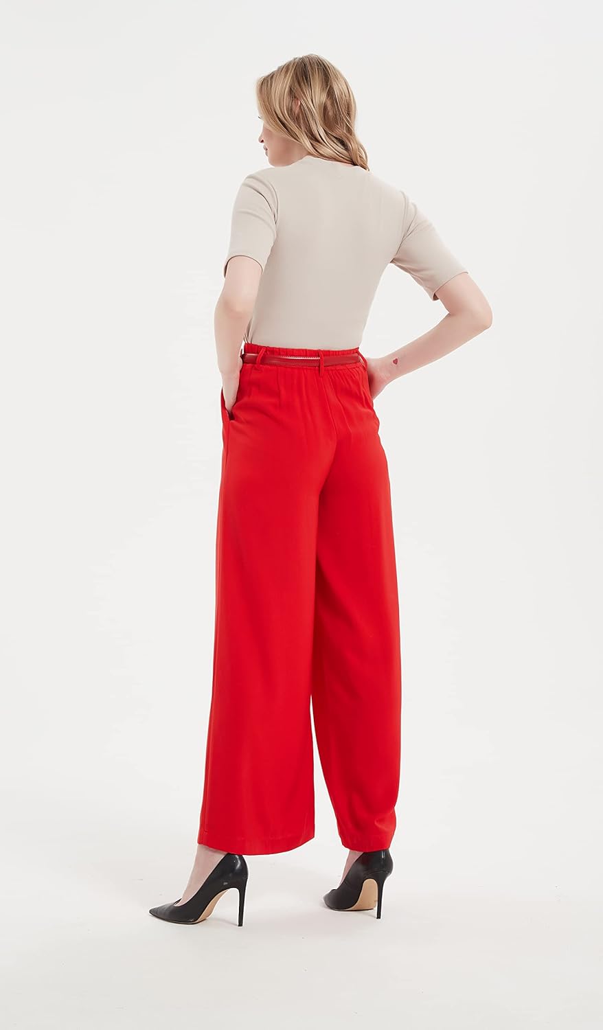 Tronjori Damen Hose Weites Bein Frauen Lange Hose mit Taschen Einfarbig Lose elastische Hohe Taille
