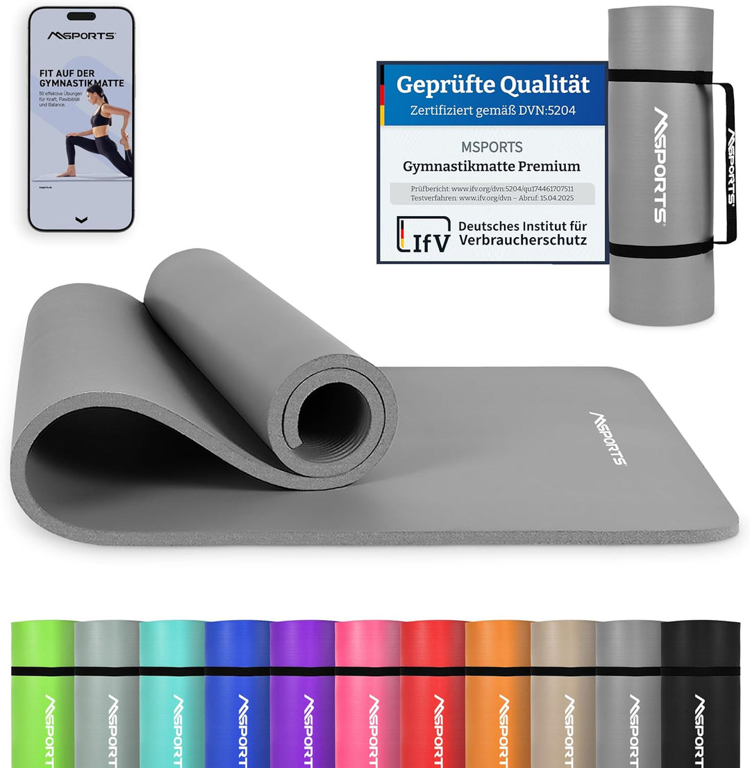 MSPORTS Gymnastikmatte | Yogamatte Premium rutschfest inkl. Tragegurt + Übungsposter + Workout App I