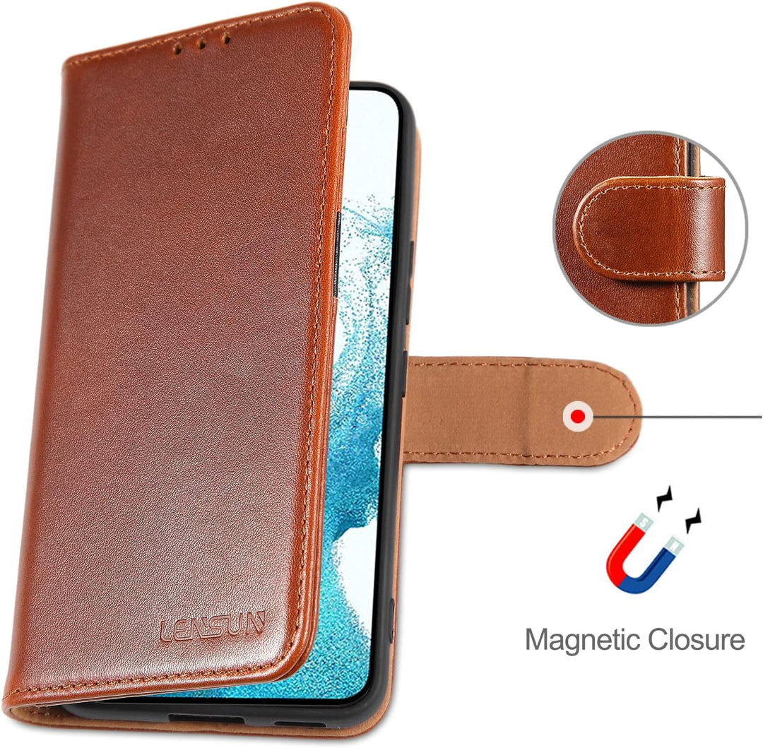LENSUN Echtleder Hülle für Samsung Galaxy S22, Handyhülle [Echtes Leder] [Kickstand] [RFID Schutz] L