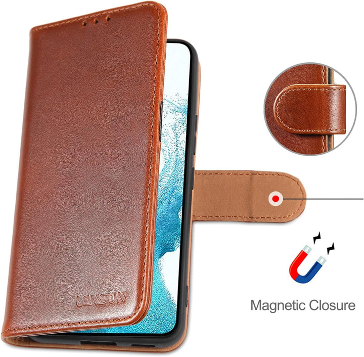 LENSUN Echtleder Hülle für Samsung Galaxy S22, Handyhülle [Echtes Leder] [Kickstand] [RFID Schutz] L