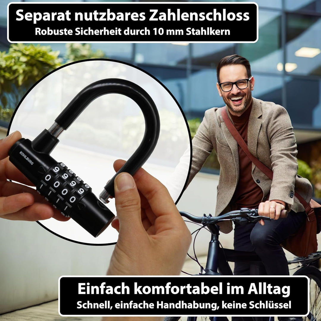 KOHLBURG Kabelschloss 5 Meter lang mit Zahlenkombination - 500cm Zahlenschloss - Stahlseil Schloss 5