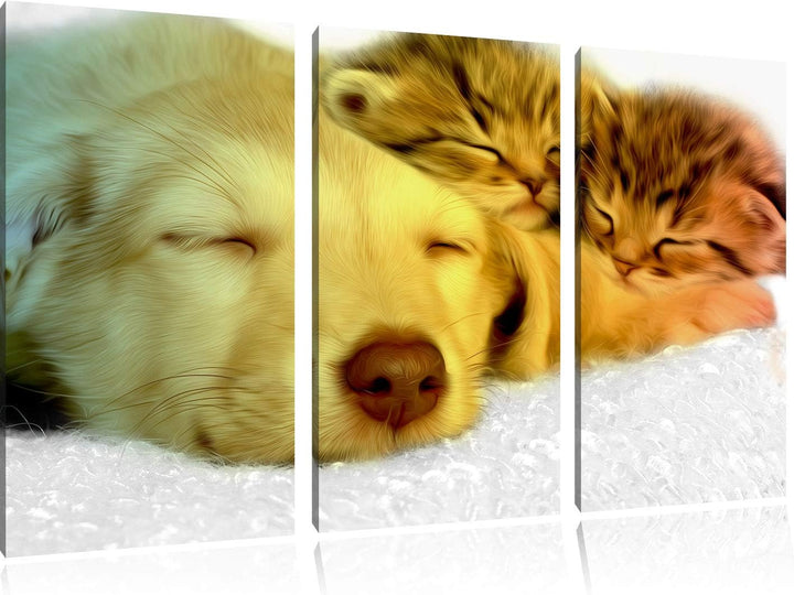 niedlicher Welpe kuschelt mit süssen Kätzchen schwarz/weiss 3-Teiler Leinwandbild 120x80 Bild auf Le