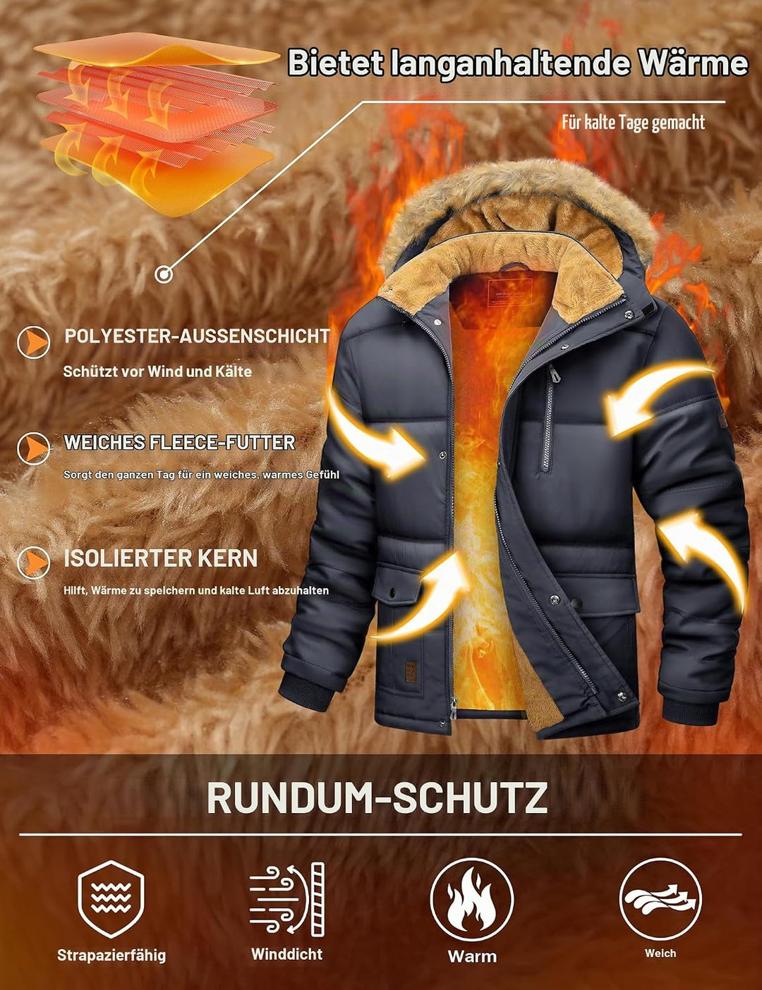 Herren Winter Parka Jacke Winddicht Outdoor Warme Fleecejacke Freizeit Übergangsjacke Wasserabweisen