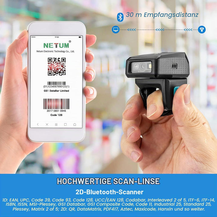 NETUM Mini Wireless 2D Ring Barcode Scanner Bluetooth, tragbarer Barcodeleser mit Ladestation und in