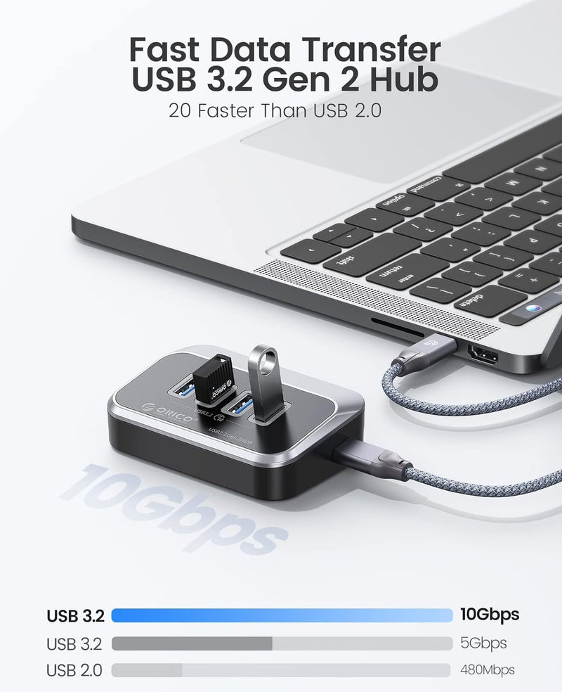 USB C Hub, ORICO 4 Port USB 3.2 Gen 2 Data Hub 10Gbps, ABS USB Splitter mit 0,5M Datenkabel, USB Ver