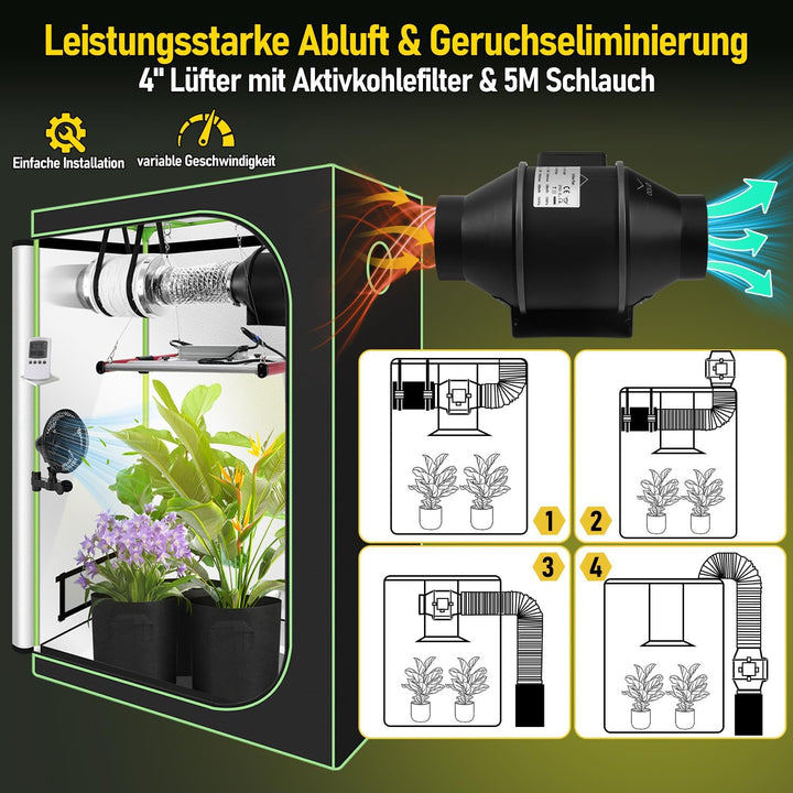 Growzelt Komplettset 120x60x180cm, 240W Faltbar LED Grow Lampe, Belüftungssystem mit Aktivkohlefilte