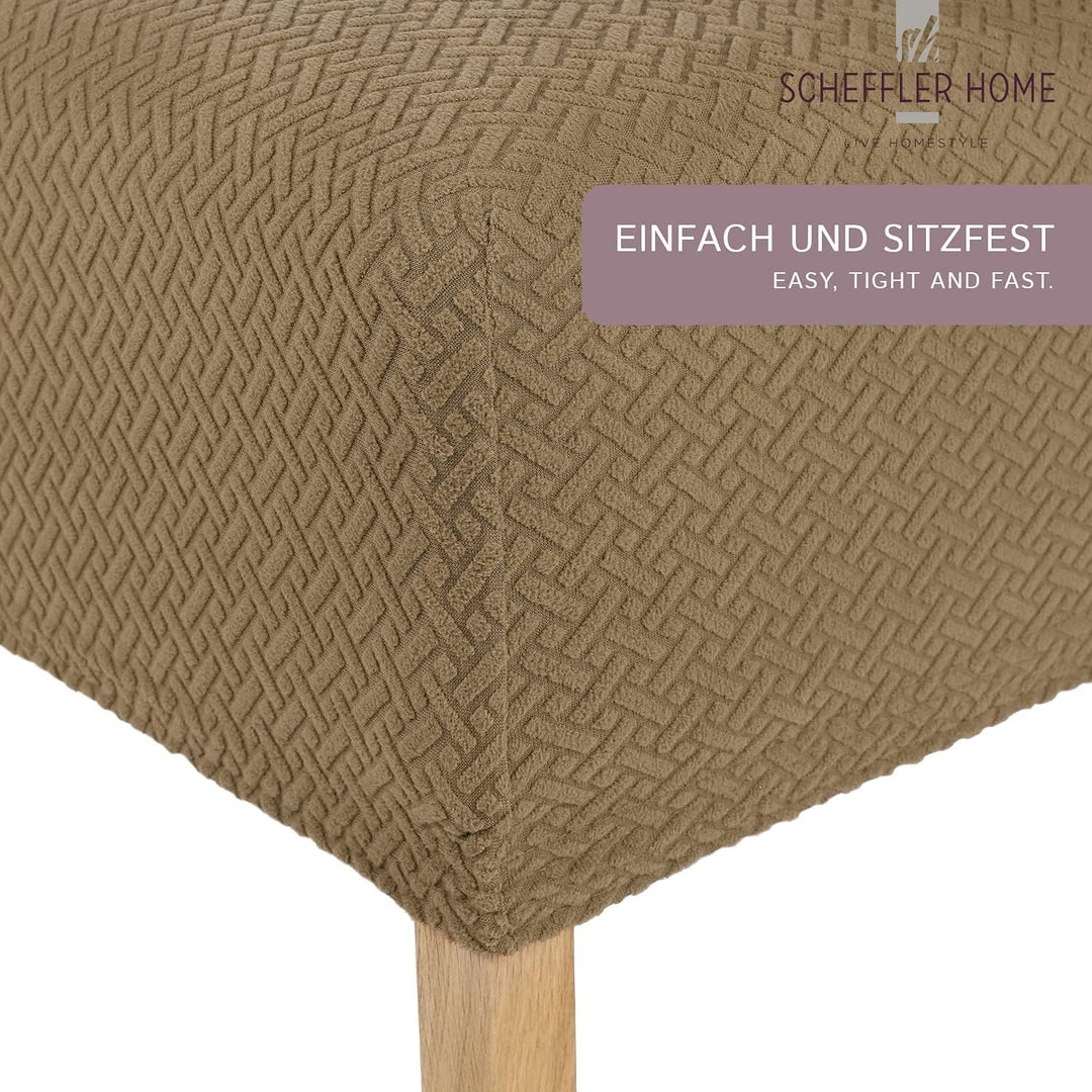 SCHEFFLER-Home Stuhlhussen Stretch Luna-Lang/Stuhlüberzug 4er Set Beige/elastische Flanell Stuhlabde