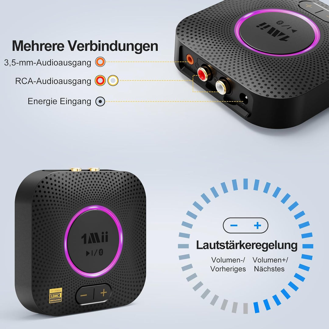 1Mii B06S+ Bluetooth 5.2 Empfänger, HiFi Wireless Audio Adapter mit LDAC, Lautstärkeregelung, aptX H