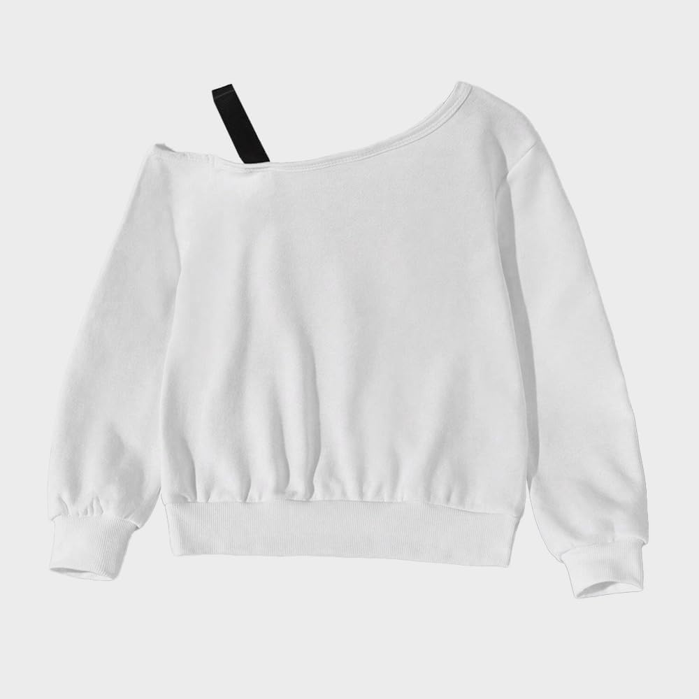 Langarm-Sweatshirt für Mädchen, schulterfrei, Buchstaben-Grafik, lässiges Oberteil 12-13 Jahre Weiss