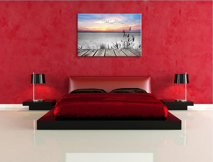 Steg mit Ausblick auf das Meer schwarz/weiss Format: 100x70 auf Leinwand, XXL riesige Bilder fertig