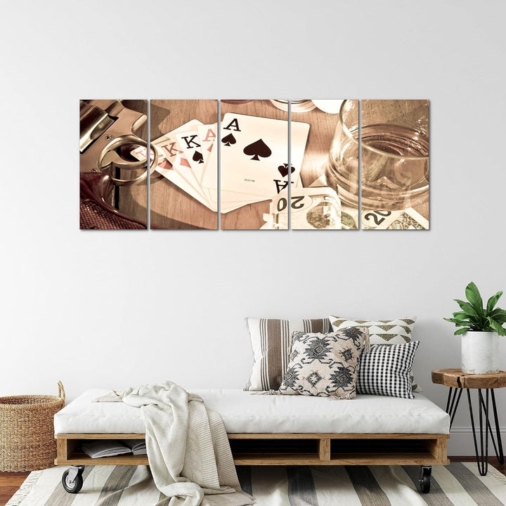 Runa Art Wandbild XXL Poker Whiskey Wohnzimmer Schlafzimmer 200 x 80 cm Braun 5 Teilig - Made in Ger