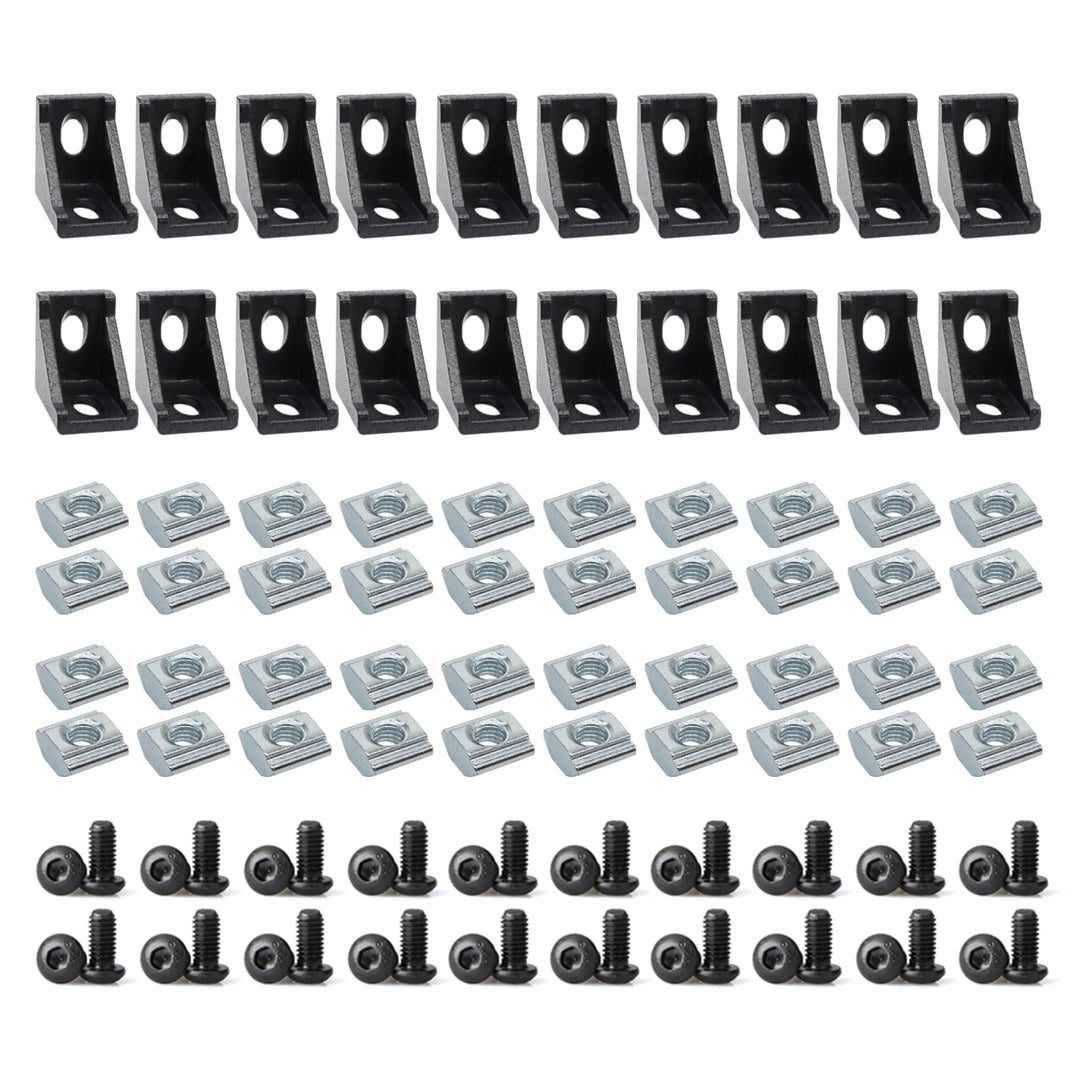 Aluminiumprofilverbinder-Set, 20 Stück, schwarz, 20 Stück, Eckwinkel, 40 Stück T-Muttern und Sechska