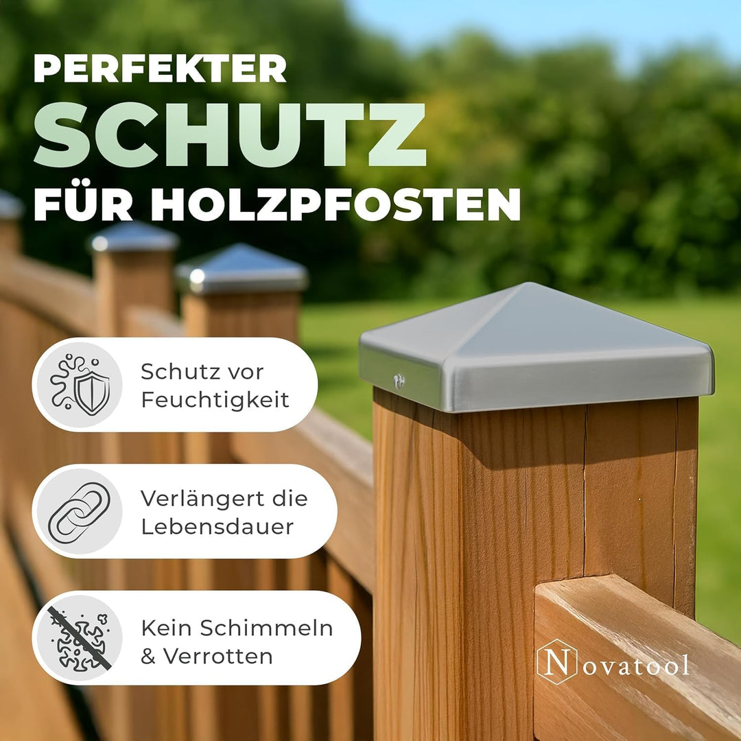Novatool 10er-Set Pfostenkappen 71x71mm verzinkt mit Schrauben, Pfostenabdeckung Pfostenkappe 7,1cm