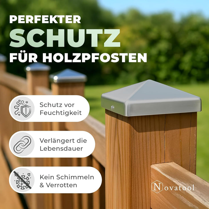 Novatool 10er-Set Pfostenkappen 71x71mm verzinkt mit Schrauben, Pfostenabdeckung Pfostenkappe 7,1cm