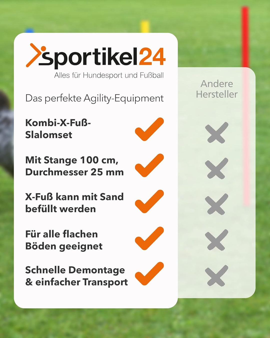 Kombi-X-Standfuss aus Kunststoff &amp; Slalomstange 100 cm – 4er Set – befüllbarer Standfuss – Stange fü