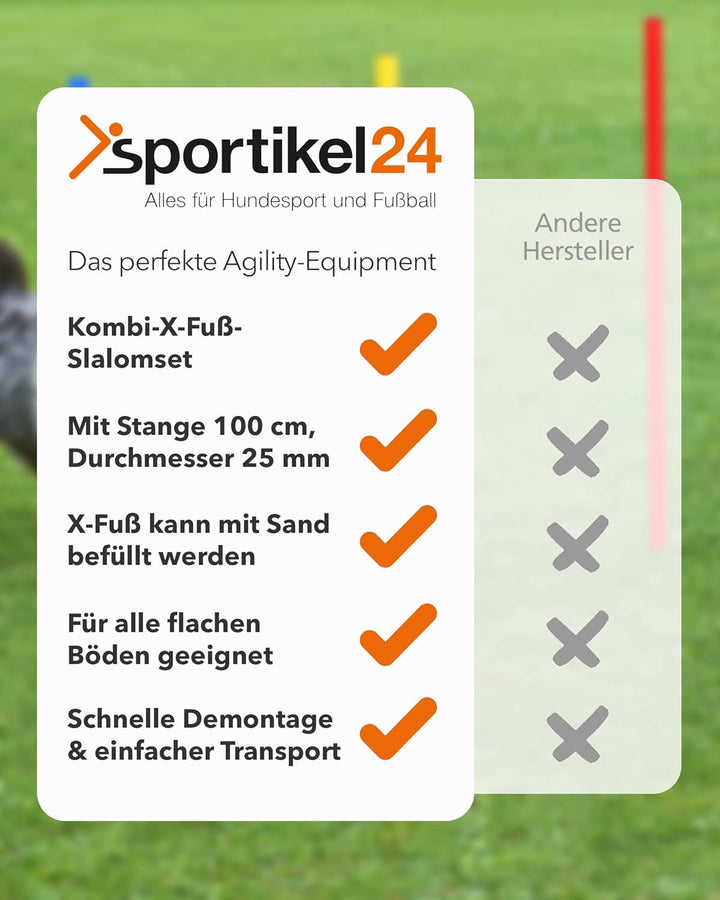 Kombi-X-Standfuss aus Kunststoff &amp; Slalomstange 100 cm – 4er Set – befüllbarer Standfuss – Stange fü