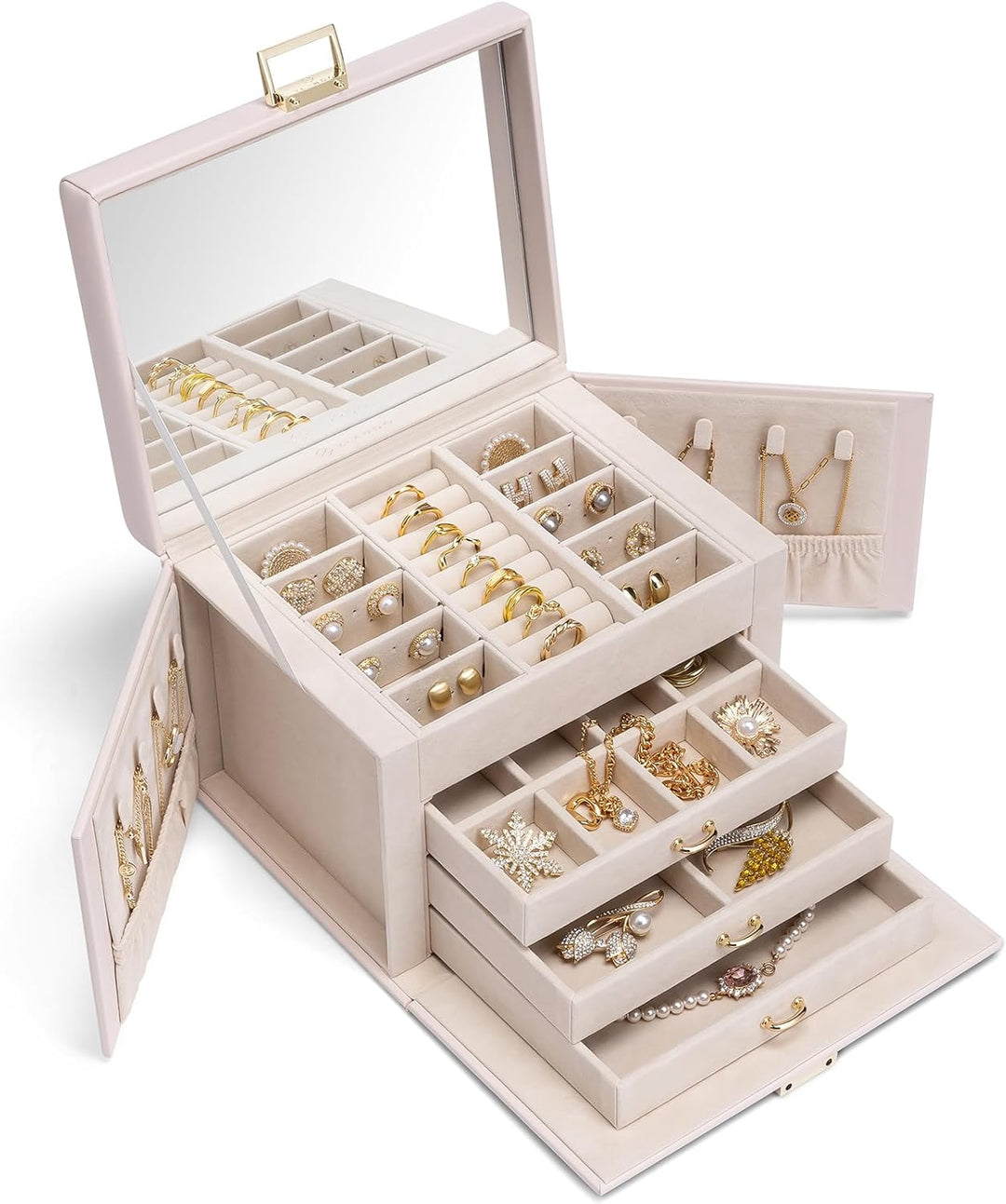 Vlando Schmuckkasten Schmuckbox mit 4 Ebenen, Schmuckschatulle PU Leder, Schmuckbox mit Spiegel und