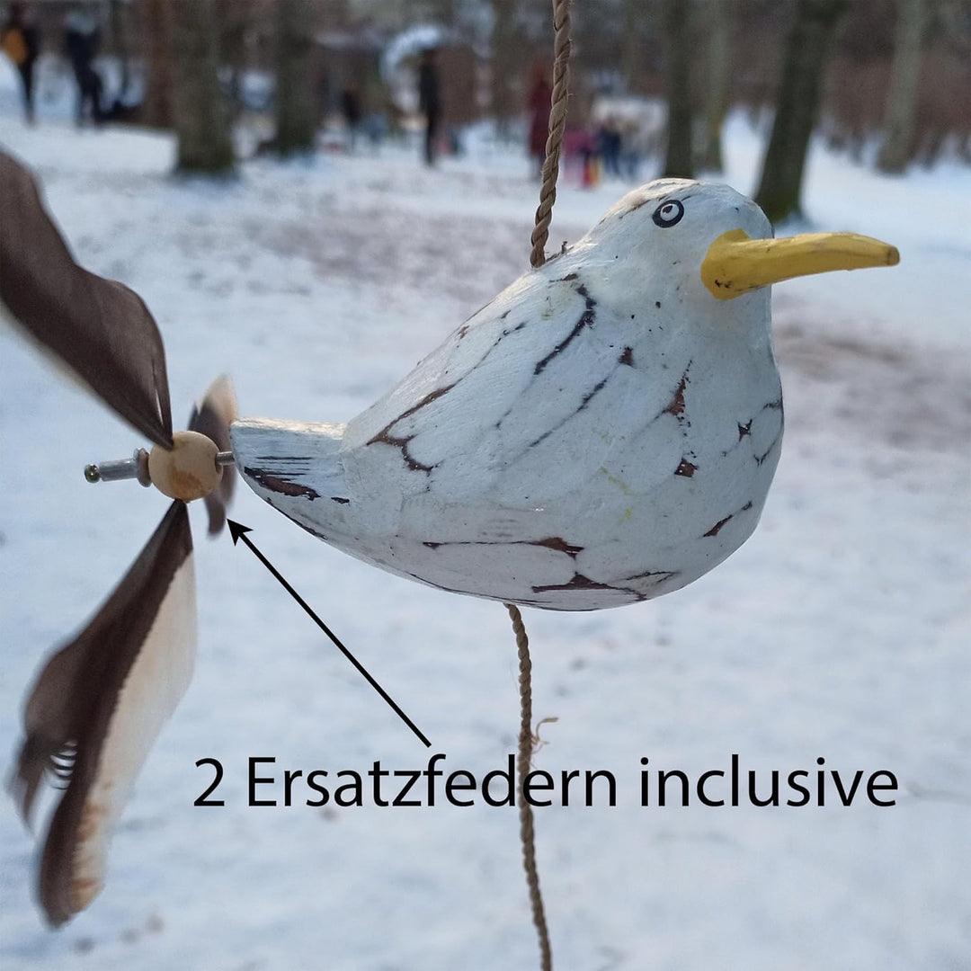 ART-CRAFT Möwen-Windspiel mit Feder Propeller mit 1 Deko Möwe +2 Ersatzfedern Holz Tierfigur als Mar
