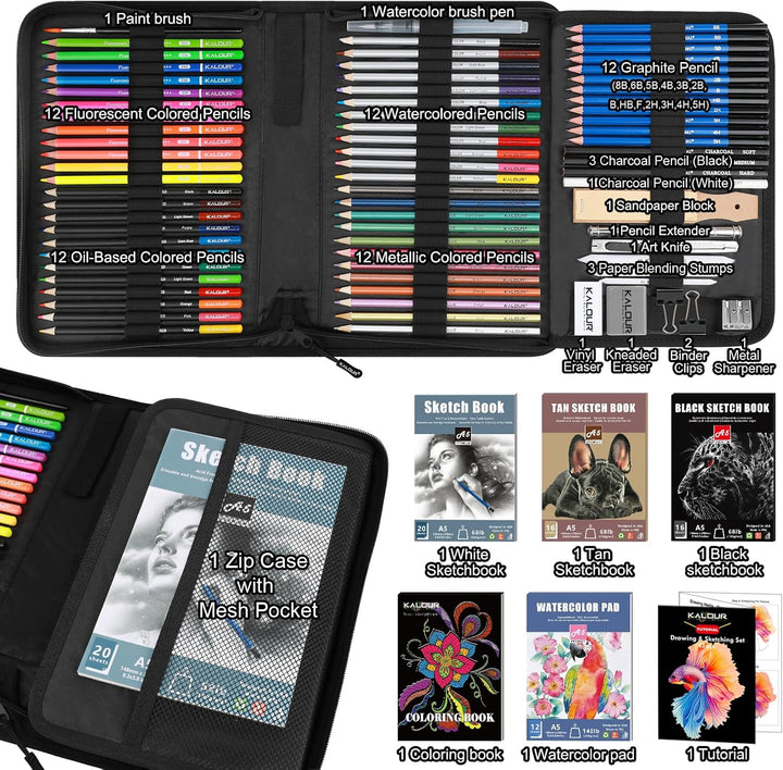 KALOUR PDAS 82 Zeichen Set Skizzenset, Pro Kunstbedarf mit Neon-, Farbstiften, Aquarell-, Metallic-,