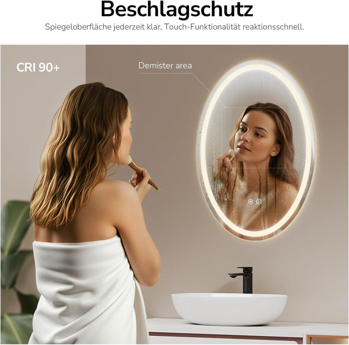 EMKE Badspiegel mit Beleuchtung oval 60x80cm, Badezimmerspiegel mit 3 Lichtfarben Dimmbar, Antibesch