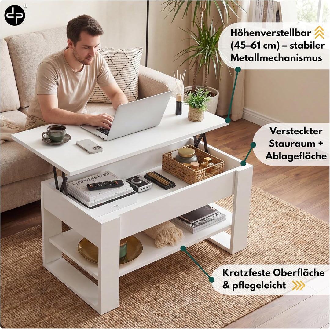 defiPad Couchtisch Weiss Höhenverstellbar mit Stauraum, Wohnzimmertisch mit hochziehbarer Tischplatt
