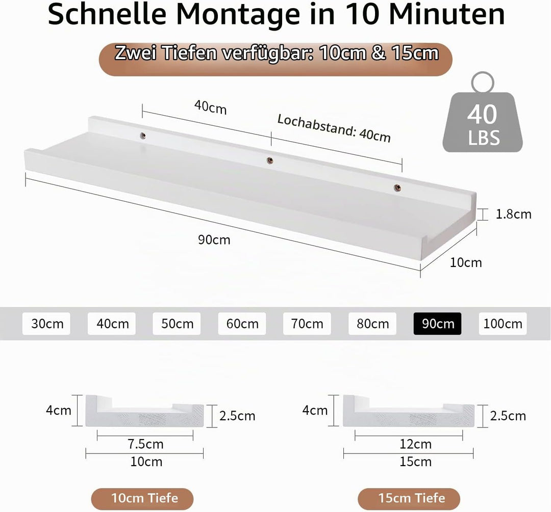 Gieanoo Wandregal Weiss, 2er Set, 90cm Massives Eichenholz Schweberegale Bilderleiste Weiss Regalbre