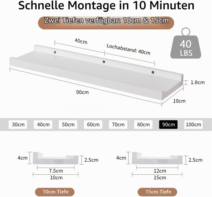 Gieanoo Wandregal Weiss, 2er Set, 90cm Massives Eichenholz Schweberegale Bilderleiste Weiss Regalbre