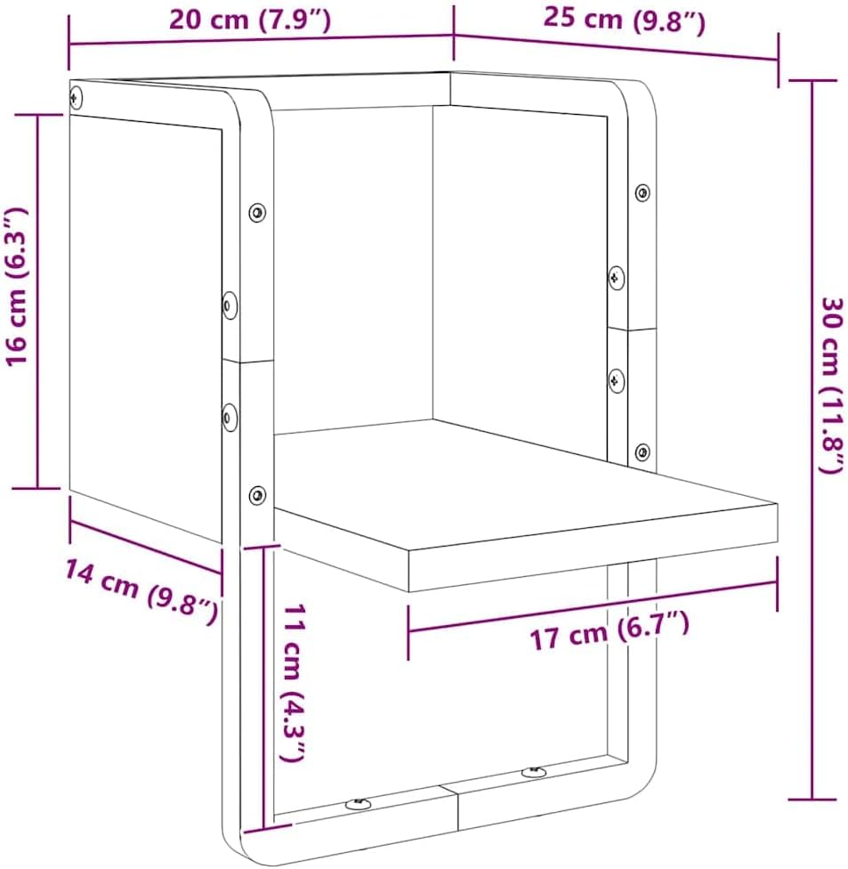 Wandregal Schwarz 20x25x30 cm mit Stange für Wohnzimmer Schlafzimmer Küche Bad Flur Büro Stauraum Or