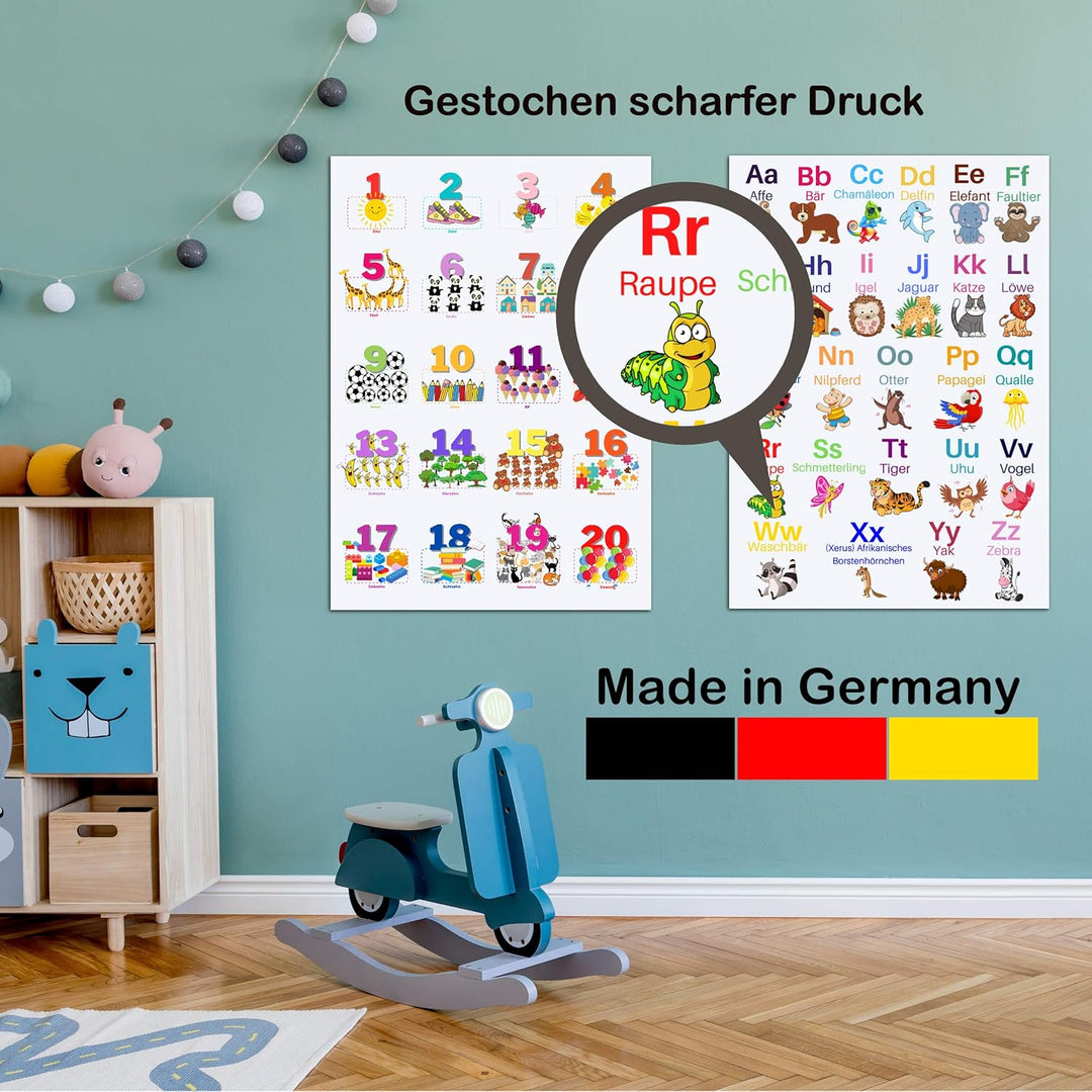 ABC Poster und Zahlen Lernposter DinA2 Set für Grundschüler - Alphabet und Zahlen von 1 bis 20 Lerne