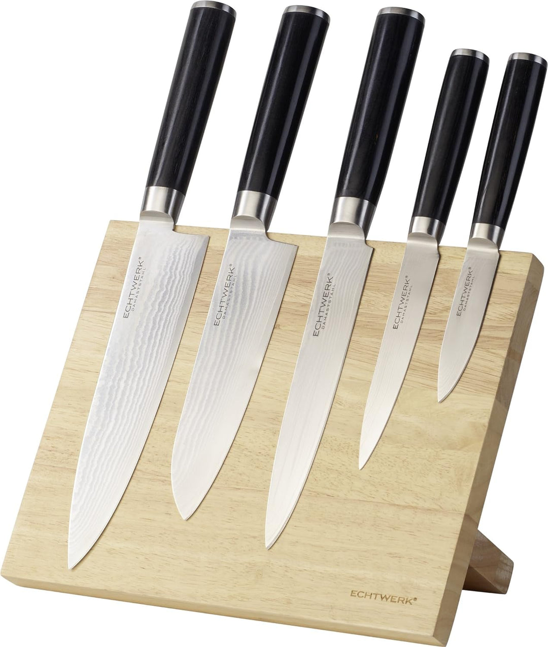 Echtwerk Damastmesser Set 5tlg. inkl. Magnet- Messerblock aus Holz , Silber, 22 x 13 x 36 cm Griff -