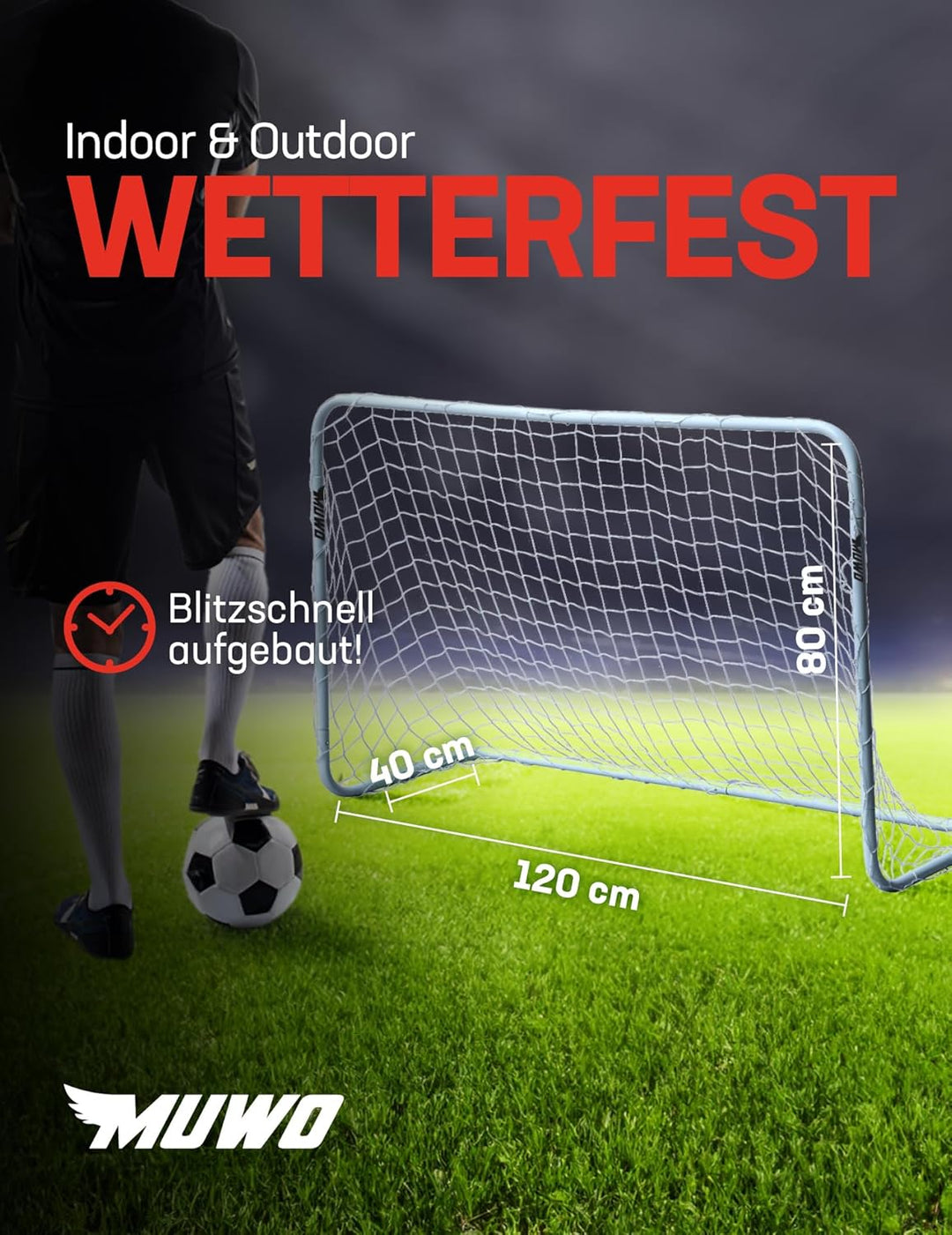 MUWO Fussballtor für Kinder und Erwachsene aus robustem Stahl 1,20 x 0,8 x 0,4 m, mit Tornetz und He
