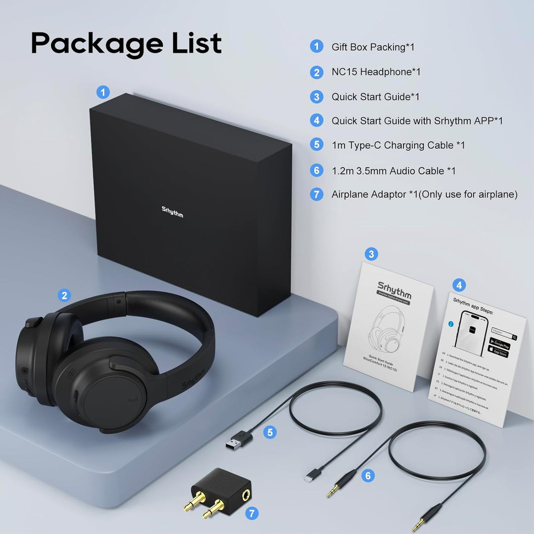 Srhythm NiceComfort 15 (2. Generation) Hybrid-Kopfhörer mit Geräuschunterdrückung, Bluetooth 6.0, mi