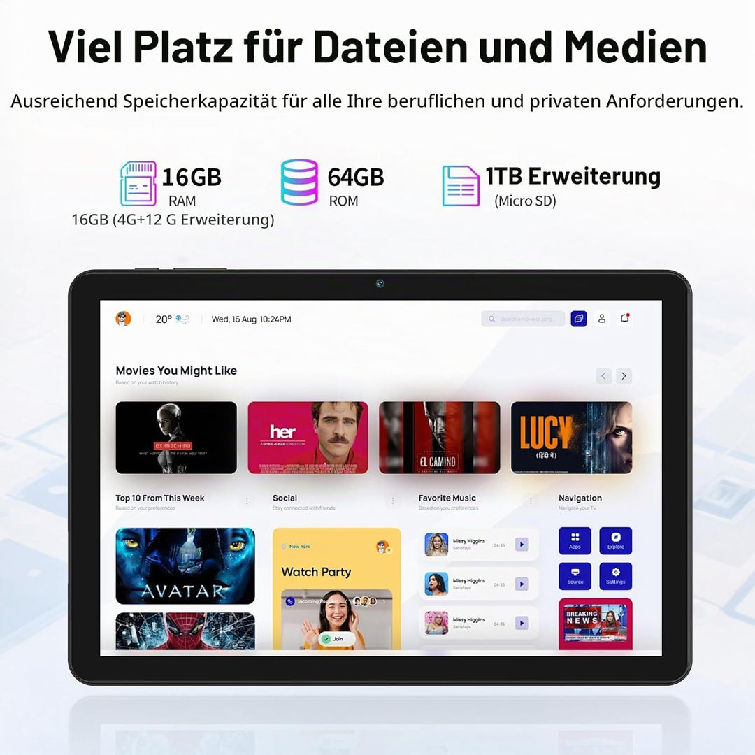 PRITOM 10-Zoll-Tablet mit Tastatur und Stift, 16 GB, 64 GB ROM, Android 15, 1024 GB erweiterbar, Qua