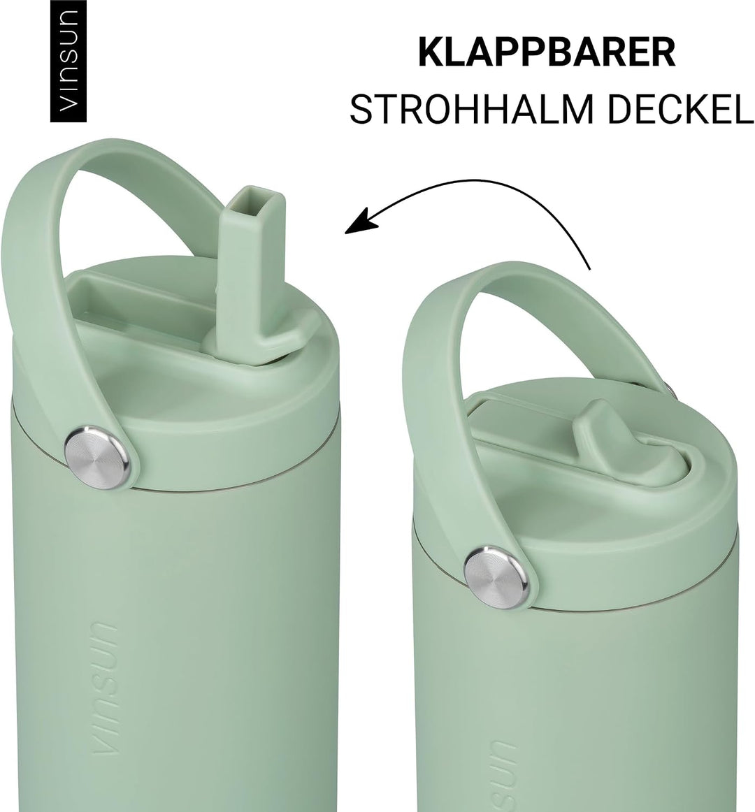 Vinsun Trinkflasche Edelstahl grün 750ml - Strohhalm &amp; Flexible Tragegriff Grün 750 ml, Grün 750 ml