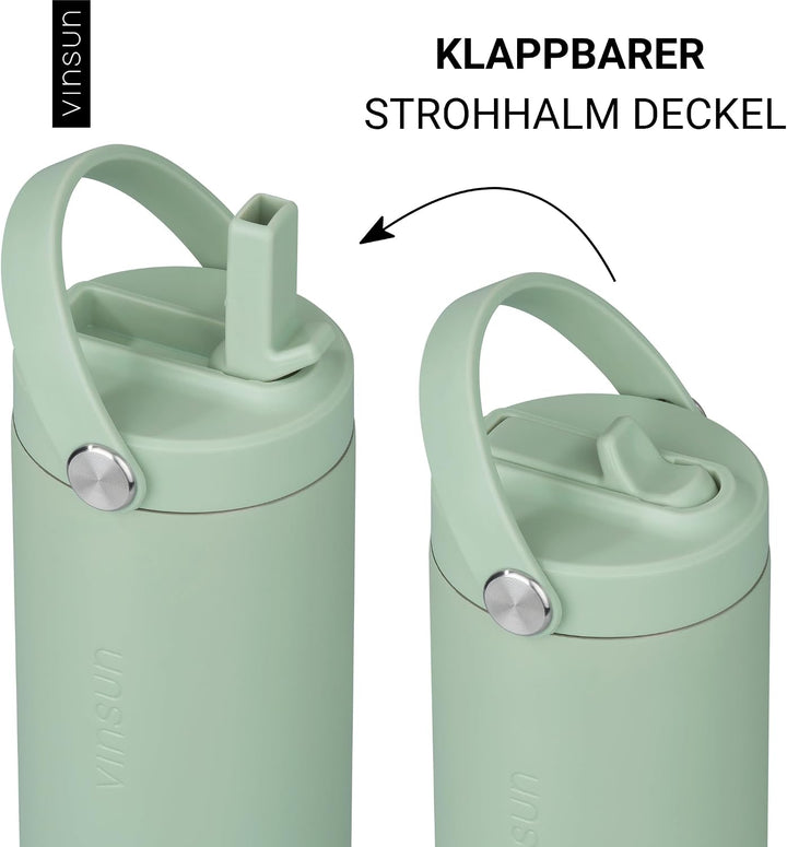 Vinsun Trinkflasche Edelstahl grün 750ml - Strohhalm &amp; Flexible Tragegriff Grün 750 ml, Grün 750 ml
