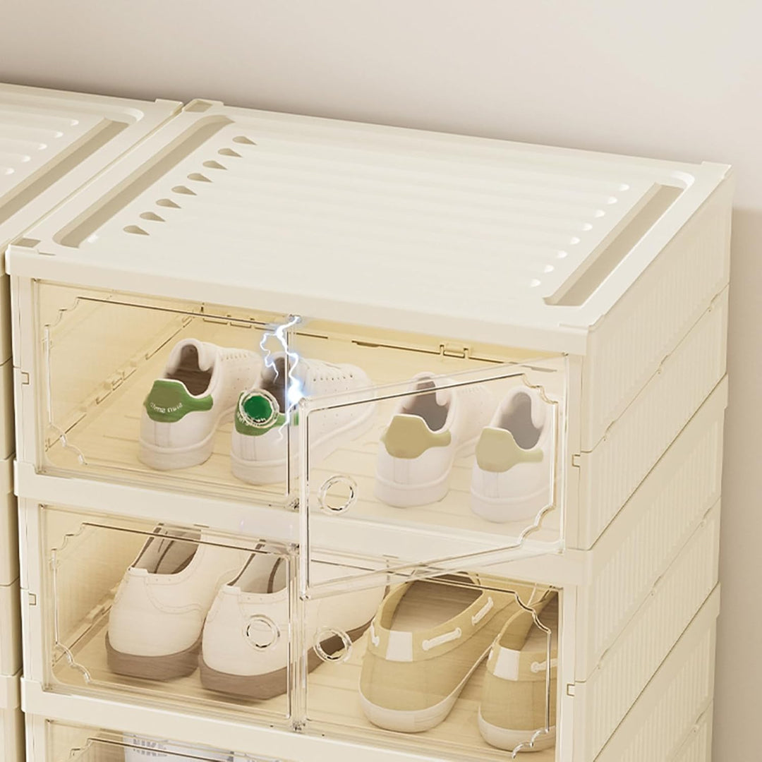 6-stöckiger Klappbarer Schuhschrank, Schuhboxen Plastik-Schuhturm mit Türen & Rollen, Stapelbarer Fa
